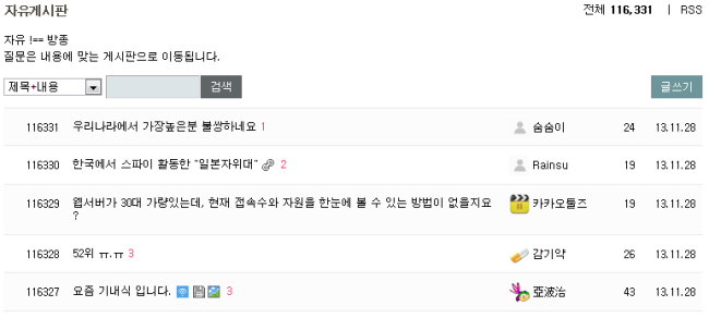 테이블 해더 정보가 가려진 게시판 스킨 모습